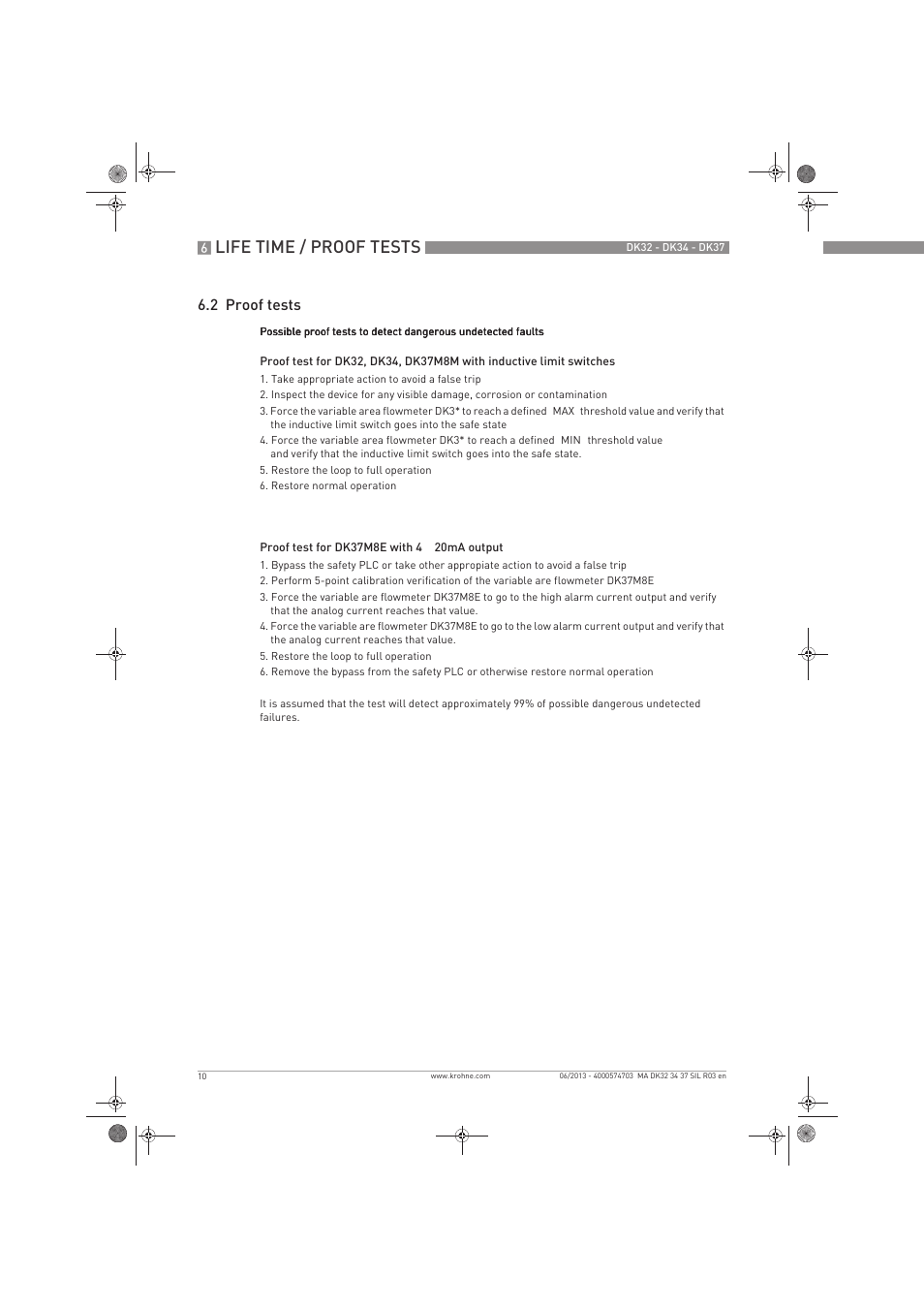 Life time / proof tests, 2 proof tests | KROHNE DK 32-DK 34-DK 37 Safety V2 EN User Manual | Page 10 / 20