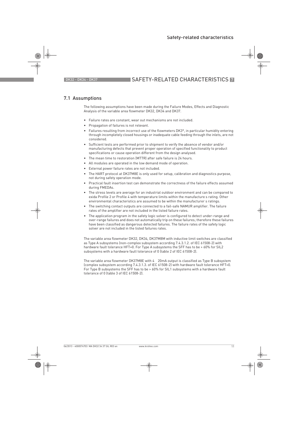 Safety-related characteristics, Safety-related characteristics 7.1 assumptions | KROHNE DK 32-DK 34-DK 37 Safety V2 EN User Manual | Page 11 / 20