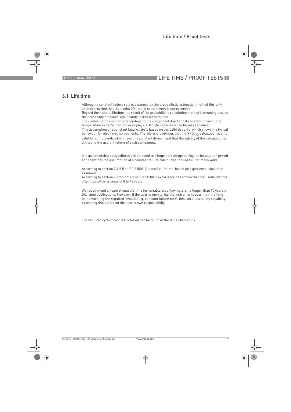 Life time / proof tests, Life time / proof tests 6.1 life time | KROHNE DK 32-DK 34-DK 37 Safety V2 EN User Manual | Page 9 / 20