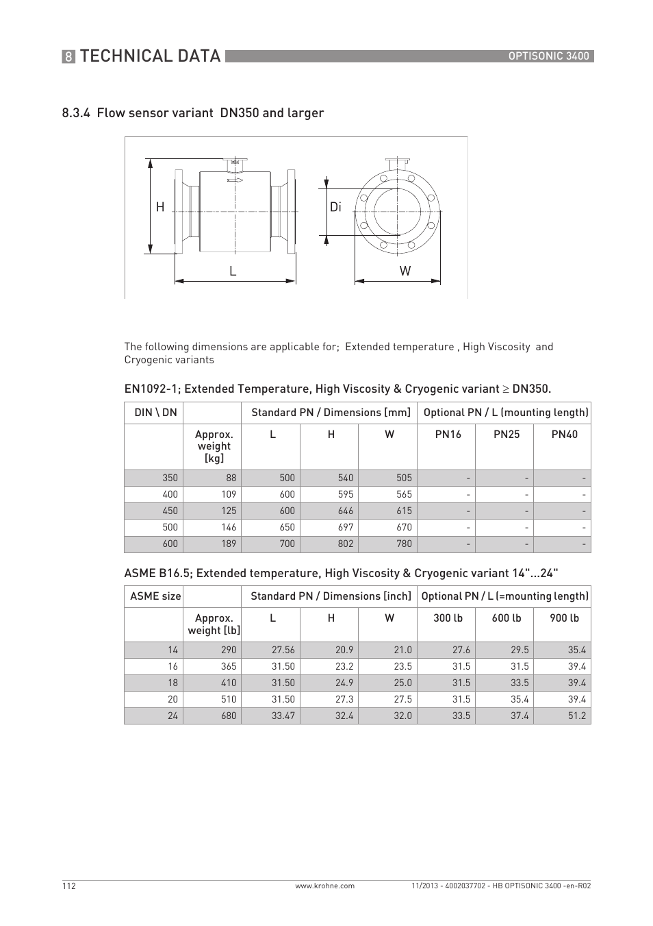 Technical data, 4 flow sensor variant dn350 and larger | KROHNE OPTISONIC 3400 EN User Manual | Page 112 / 144