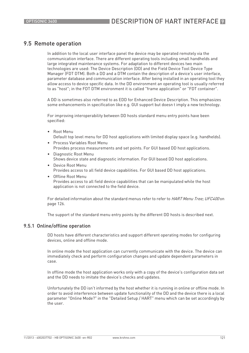 Description of hart interface, 5 remote operation, 1 online/offline operation | KROHNE OPTISONIC 3400 EN User Manual | Page 121 / 144