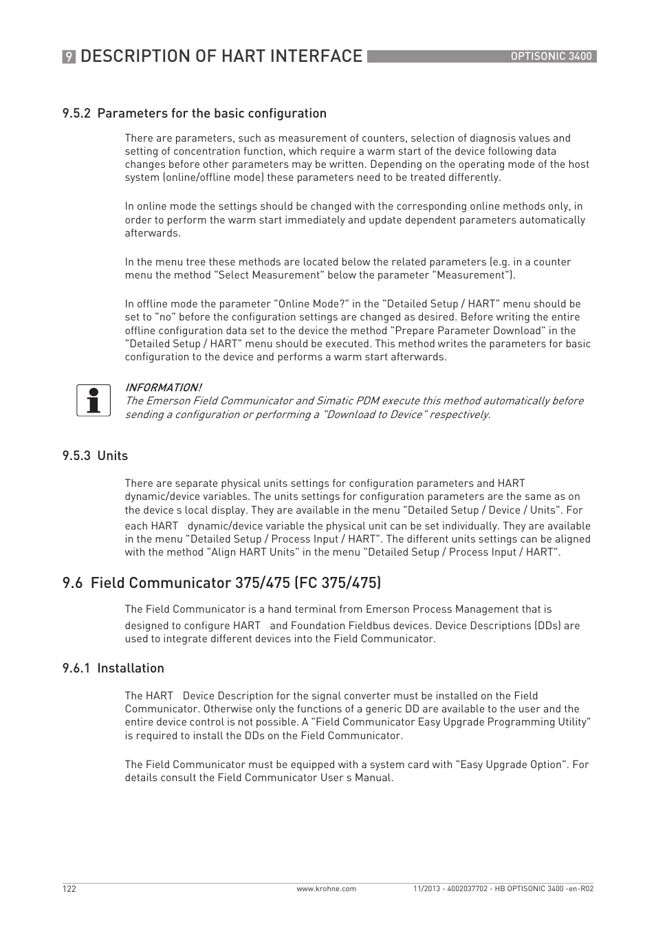 Description of hart interface, 2 parameters for the basic configuration, 3 units | 1 installation | KROHNE OPTISONIC 3400 EN User Manual | Page 122 / 144