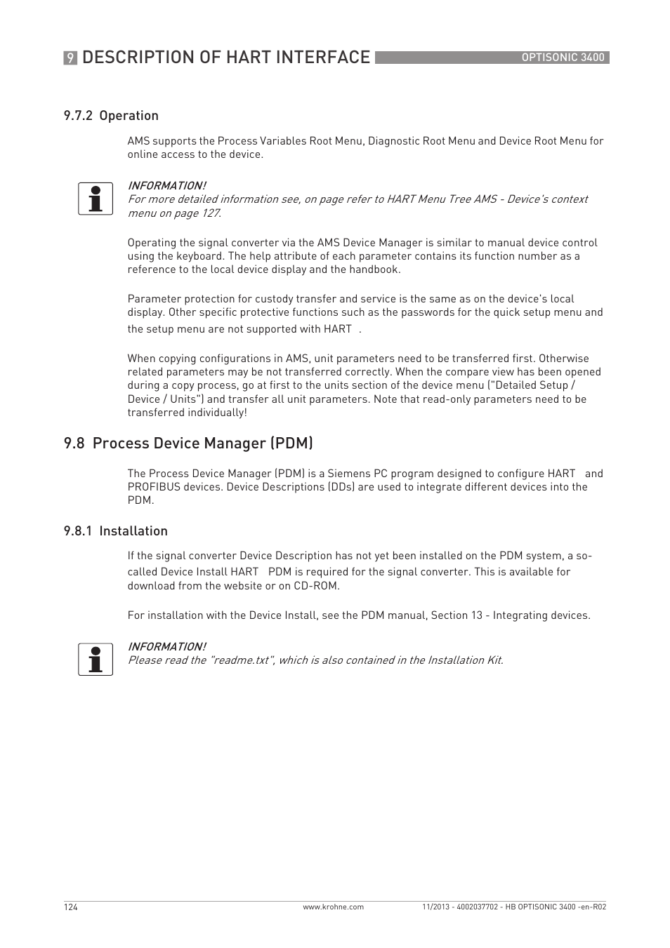 Description of hart interface, 8 process device manager (pdm), 2 operation | 1 installation | KROHNE OPTISONIC 3400 EN User Manual | Page 124 / 144