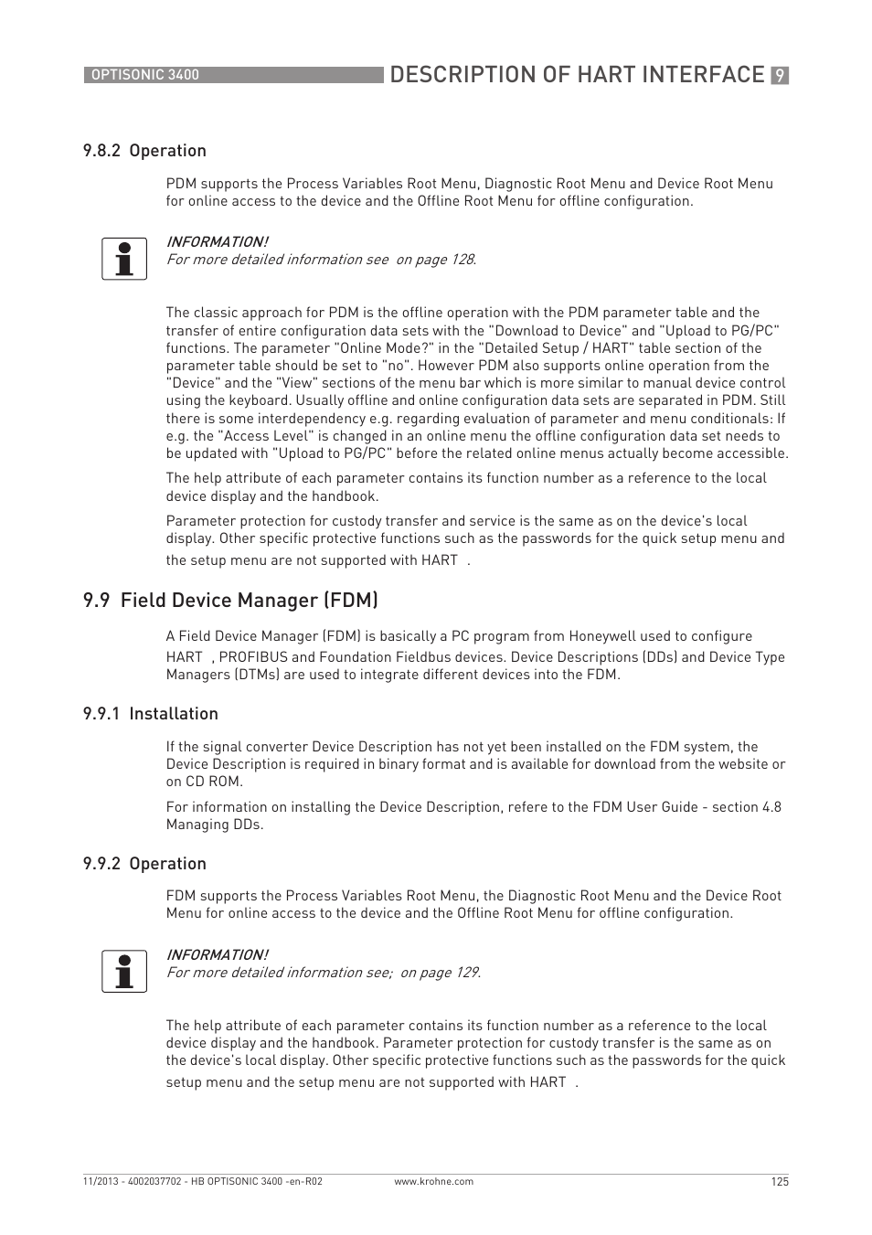 Description of hart interface, 9 field device manager (fdm), 2 operation | 1 installation | KROHNE OPTISONIC 3400 EN User Manual | Page 125 / 144