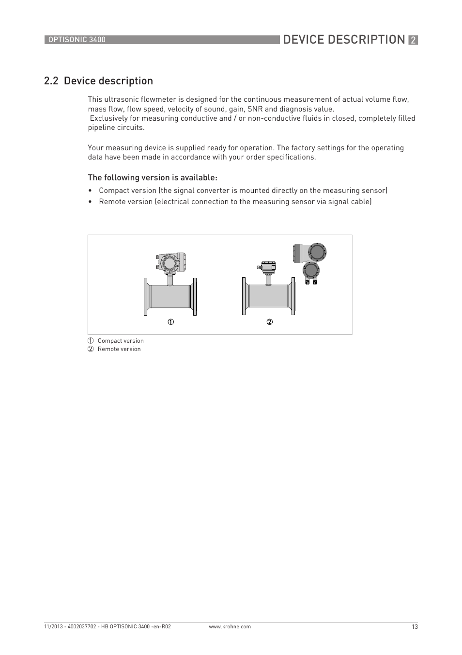 Device description, 2 device description | KROHNE OPTISONIC 3400 EN User Manual | Page 13 / 144