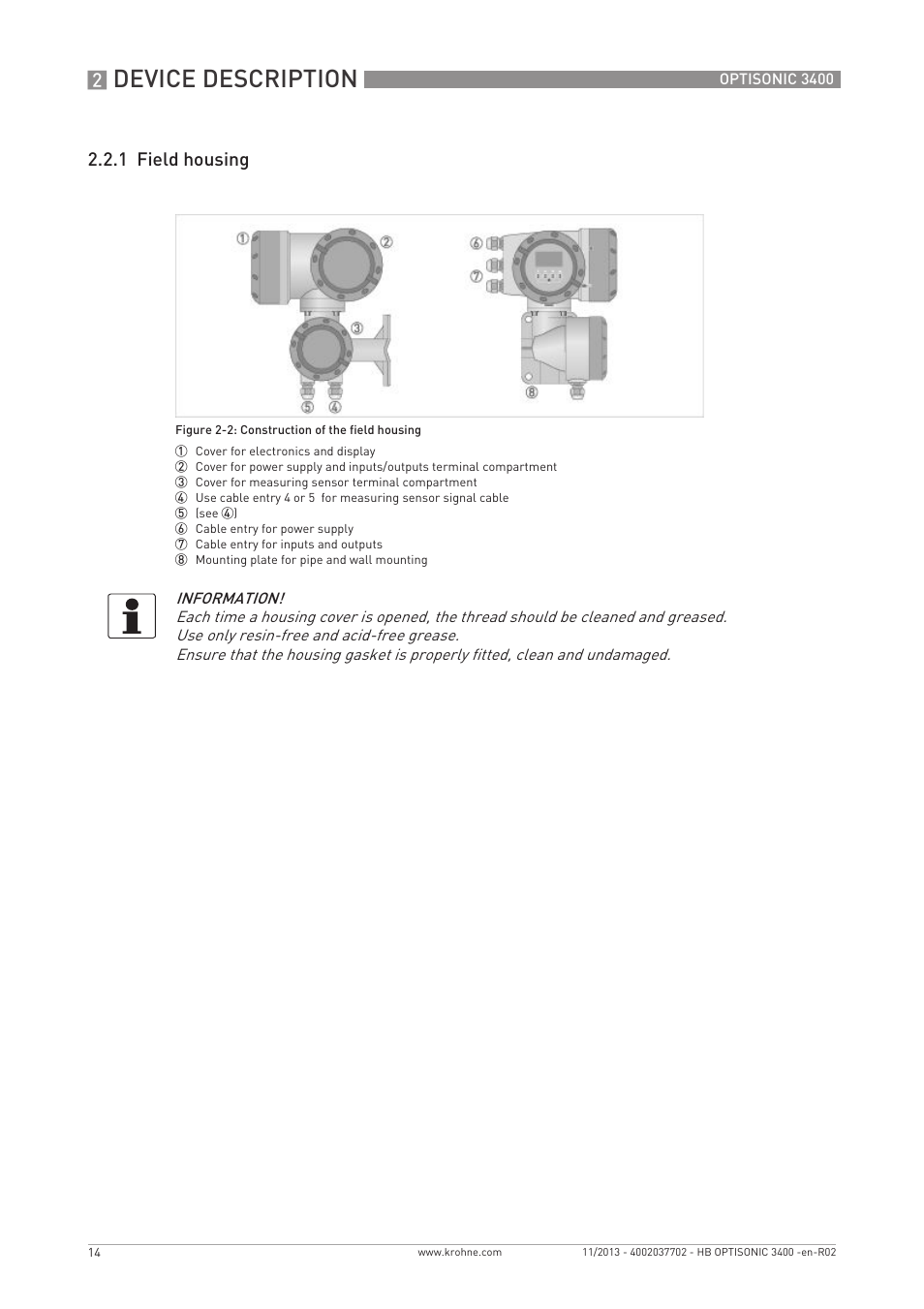 Device description, 1 field housing | KROHNE OPTISONIC 3400 EN User Manual | Page 14 / 144