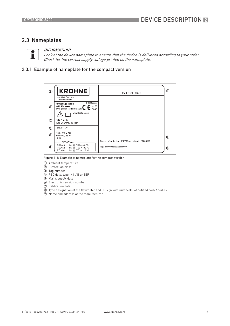 Device description, 3 nameplates | KROHNE OPTISONIC 3400 EN User Manual | Page 15 / 144