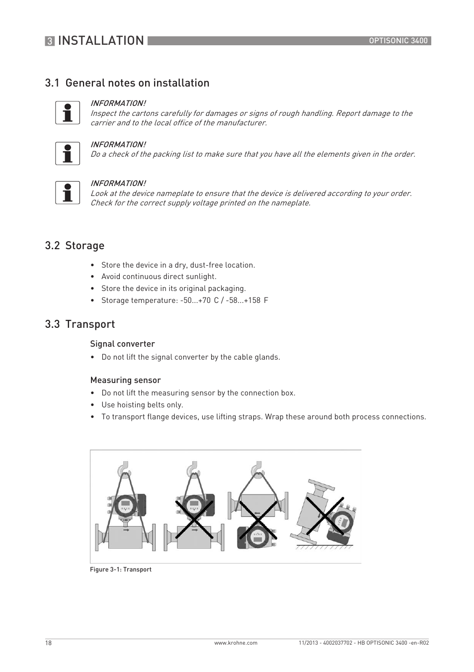 Installation, 3 transport | KROHNE OPTISONIC 3400 EN User Manual | Page 18 / 144
