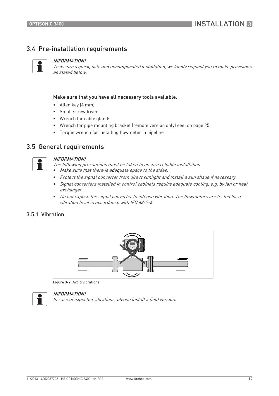 Installation, 4 pre-installation requirements, 5 general requirements | KROHNE OPTISONIC 3400 EN User Manual | Page 19 / 144