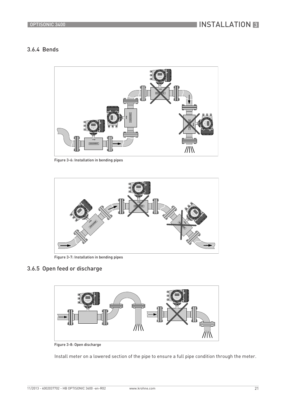 Installation, 4 bends 3.6.5 open feed or discharge | KROHNE OPTISONIC 3400 EN User Manual | Page 21 / 144