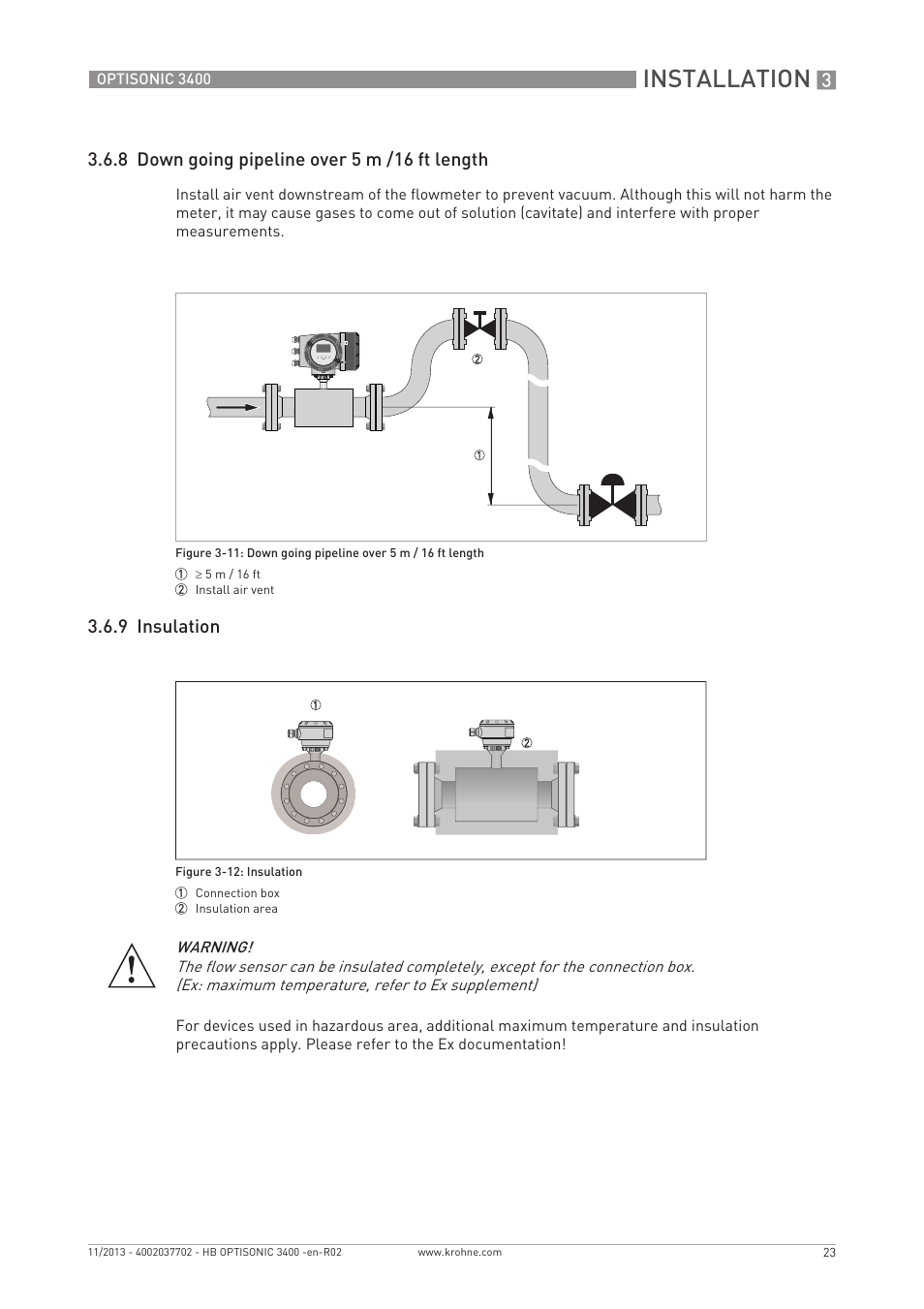 Installation, 8 down going pipeline over 5 m /16 ft length, 9 insulation | KROHNE OPTISONIC 3400 EN User Manual | Page 23 / 144