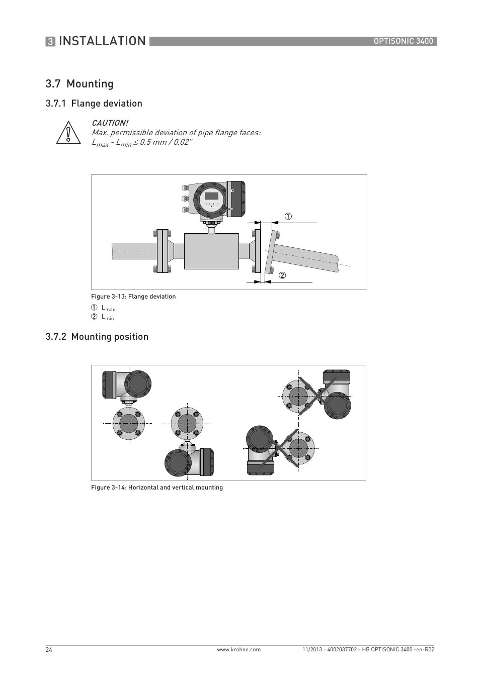 Installation, 7 mounting, 1 flange deviation 3.7.2 mounting position | KROHNE OPTISONIC 3400 EN User Manual | Page 24 / 144