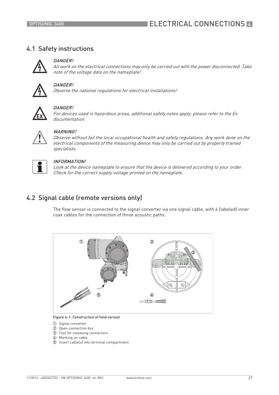 Electrical connections | KROHNE OPTISONIC 3400 EN User Manual | Page 27 / 144