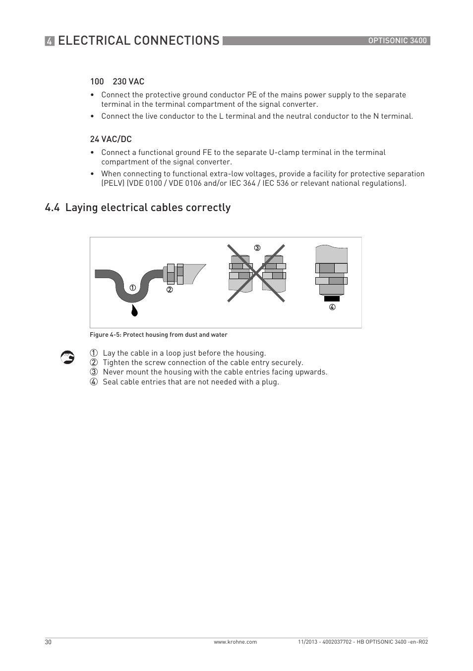 Electrical connections, 4 laying electrical cables correctly | KROHNE OPTISONIC 3400 EN User Manual | Page 30 / 144