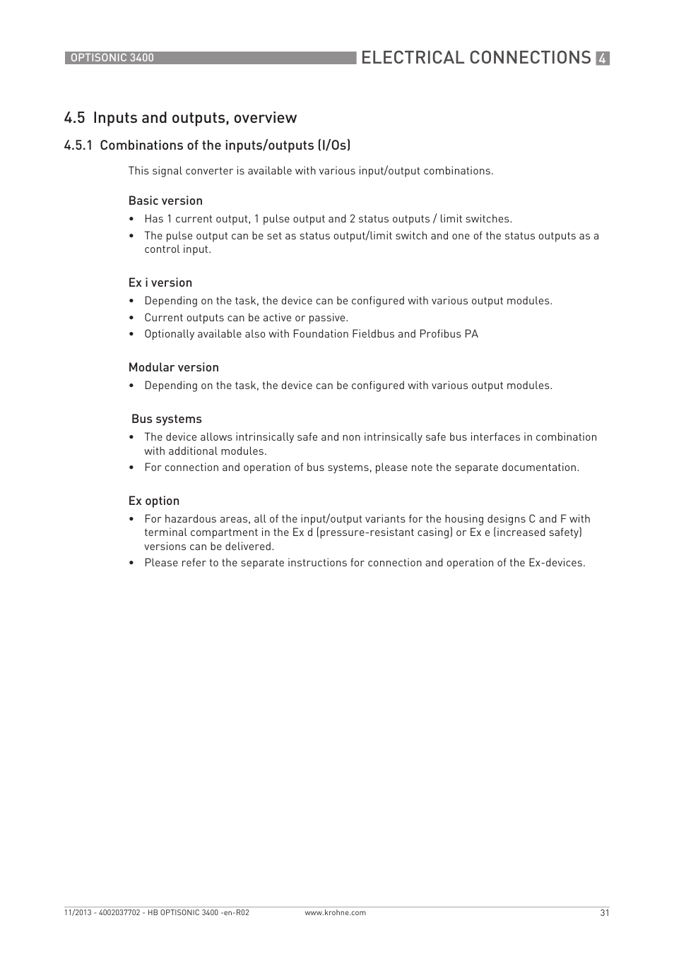 Electrical connections, 5 inputs and outputs, overview | KROHNE OPTISONIC 3400 EN User Manual | Page 31 / 144