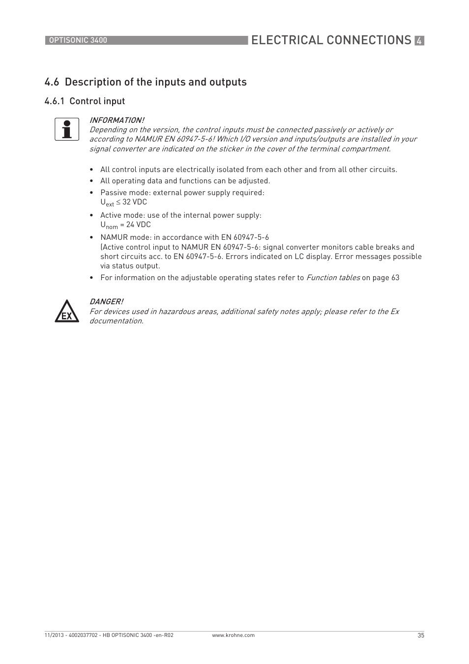 Electrical connections, 6 description of the inputs and outputs, 1 control input | KROHNE OPTISONIC 3400 EN User Manual | Page 35 / 144