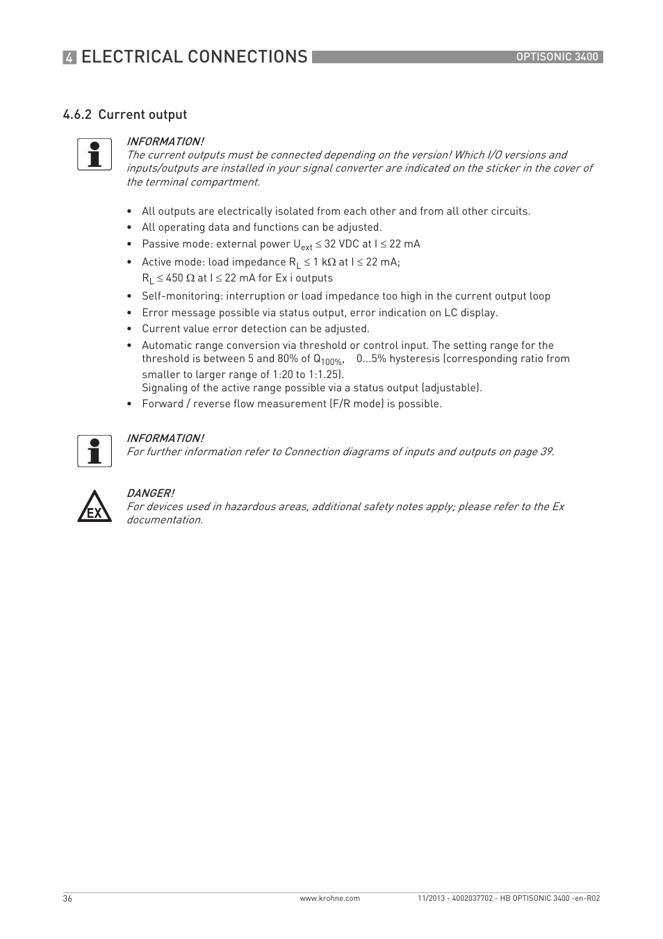 Electrical connections, 2 current output | KROHNE OPTISONIC 3400 EN User Manual | Page 36 / 144