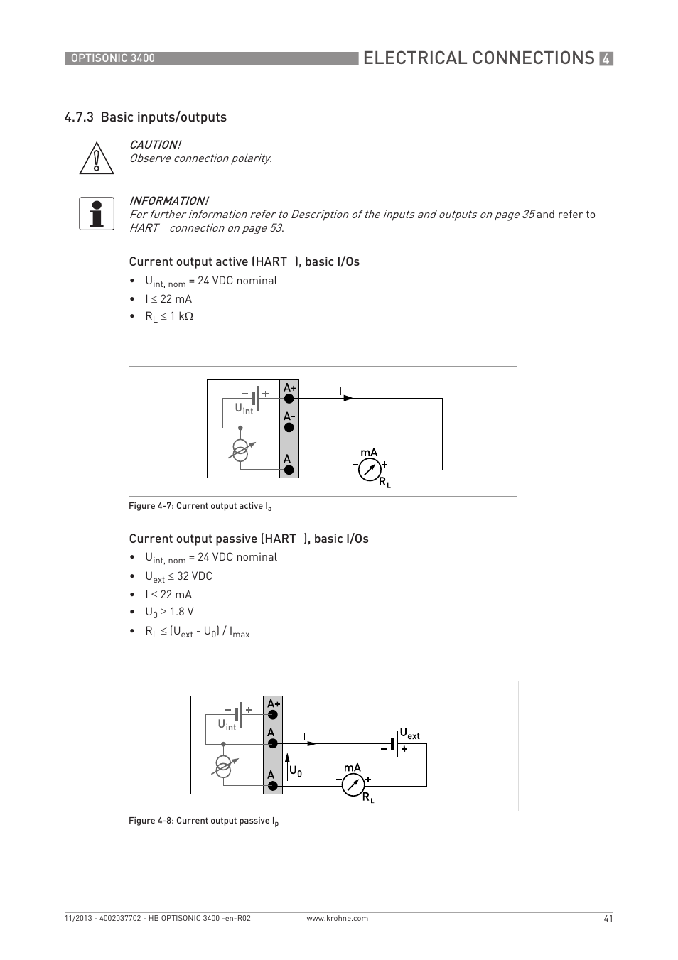 Electrical connections, 3 basic inputs/outputs | KROHNE OPTISONIC 3400 EN User Manual | Page 41 / 144