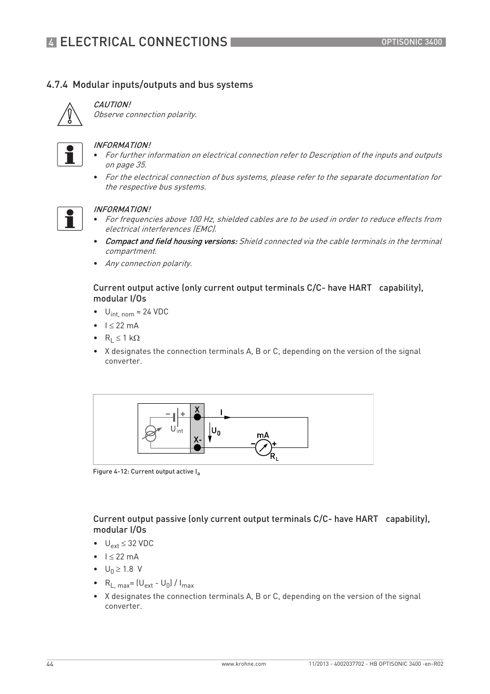 Electrical connections, 4 modular inputs/outputs and bus systems | KROHNE OPTISONIC 3400 EN User Manual | Page 44 / 144