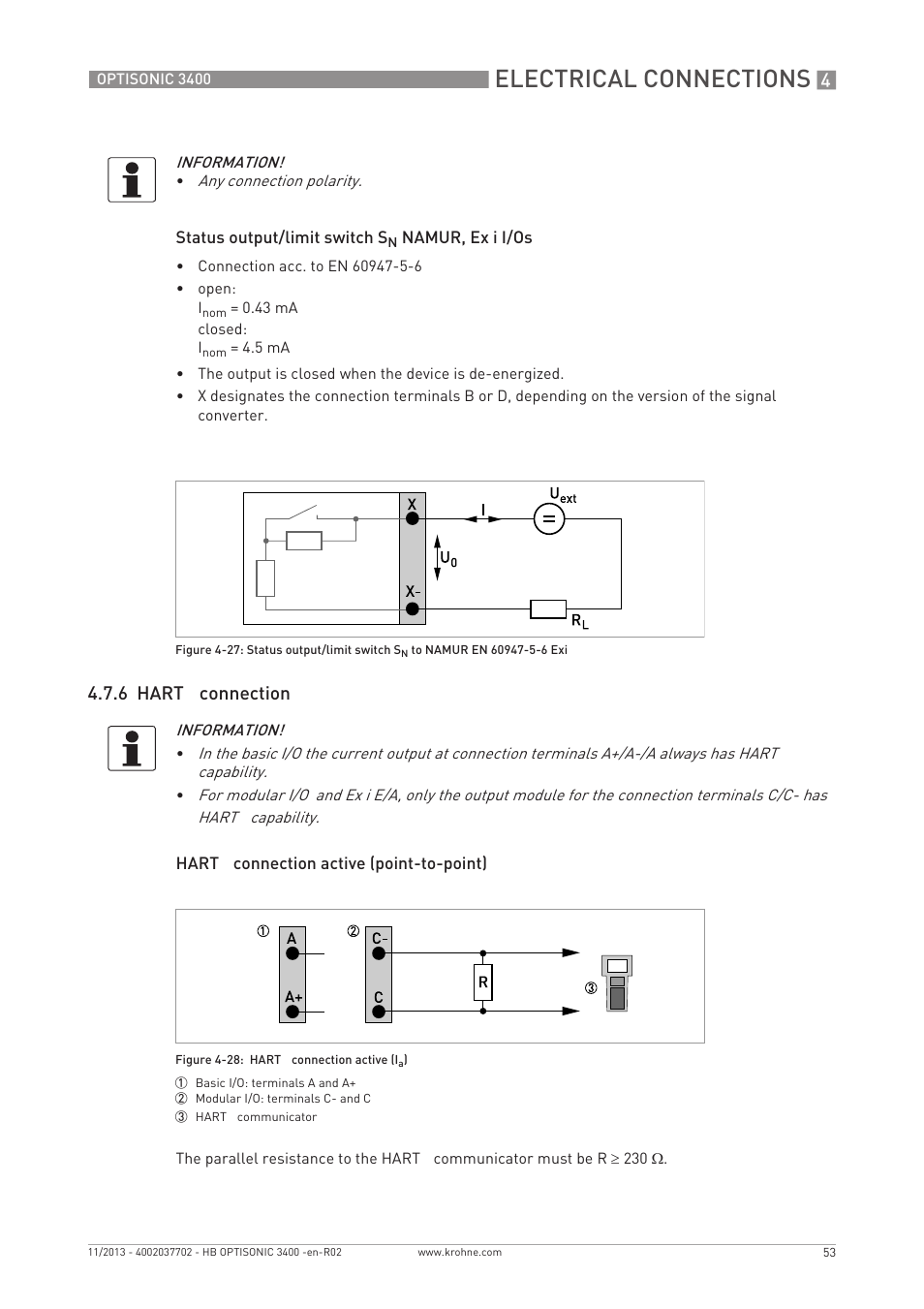 Electrical connections, 6 hart, Connection | KROHNE OPTISONIC 3400 EN User Manual | Page 53 / 144