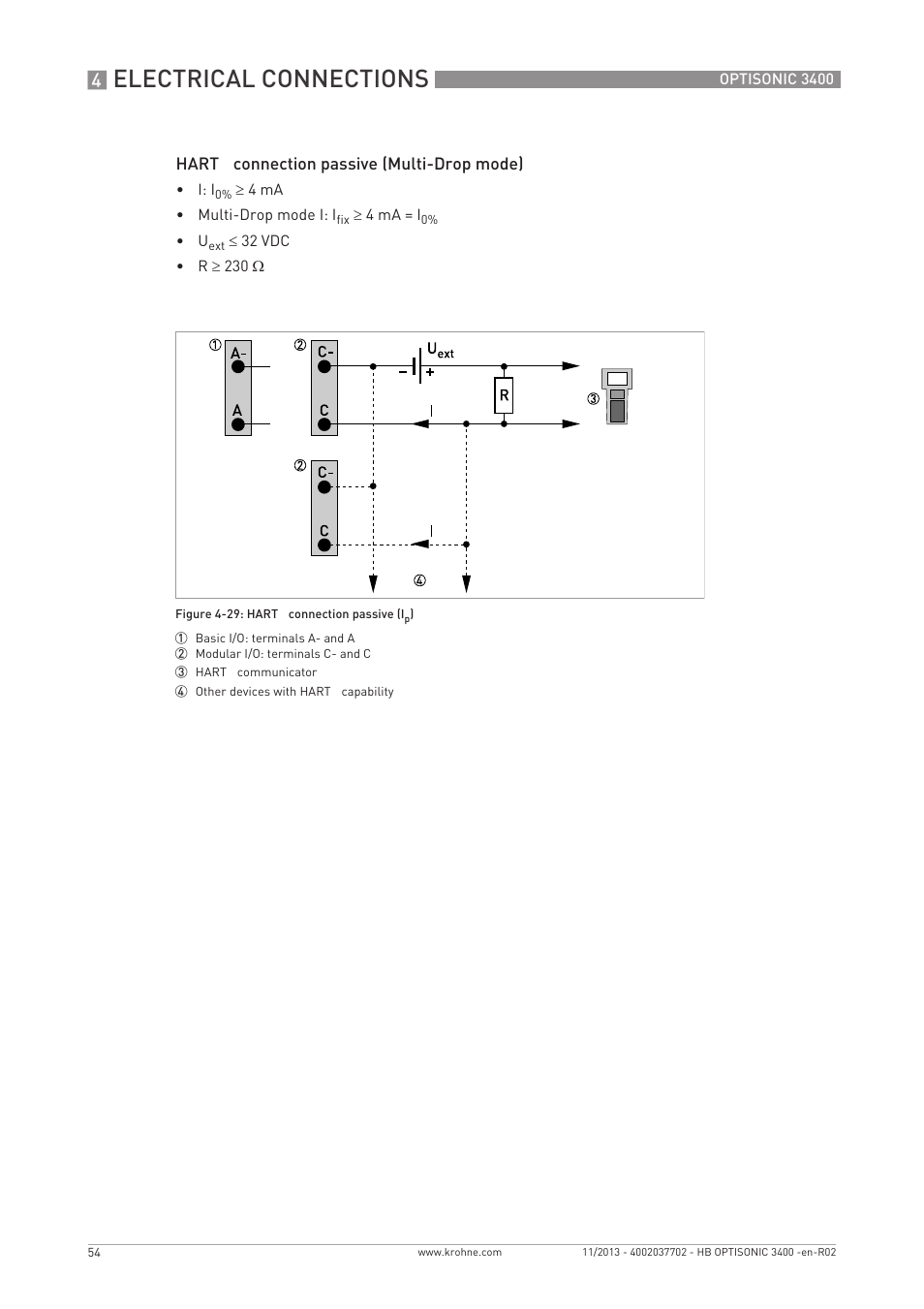 Electrical connections, Hart, Connection passive (multi-drop mode) | KROHNE OPTISONIC 3400 EN User Manual | Page 54 / 144