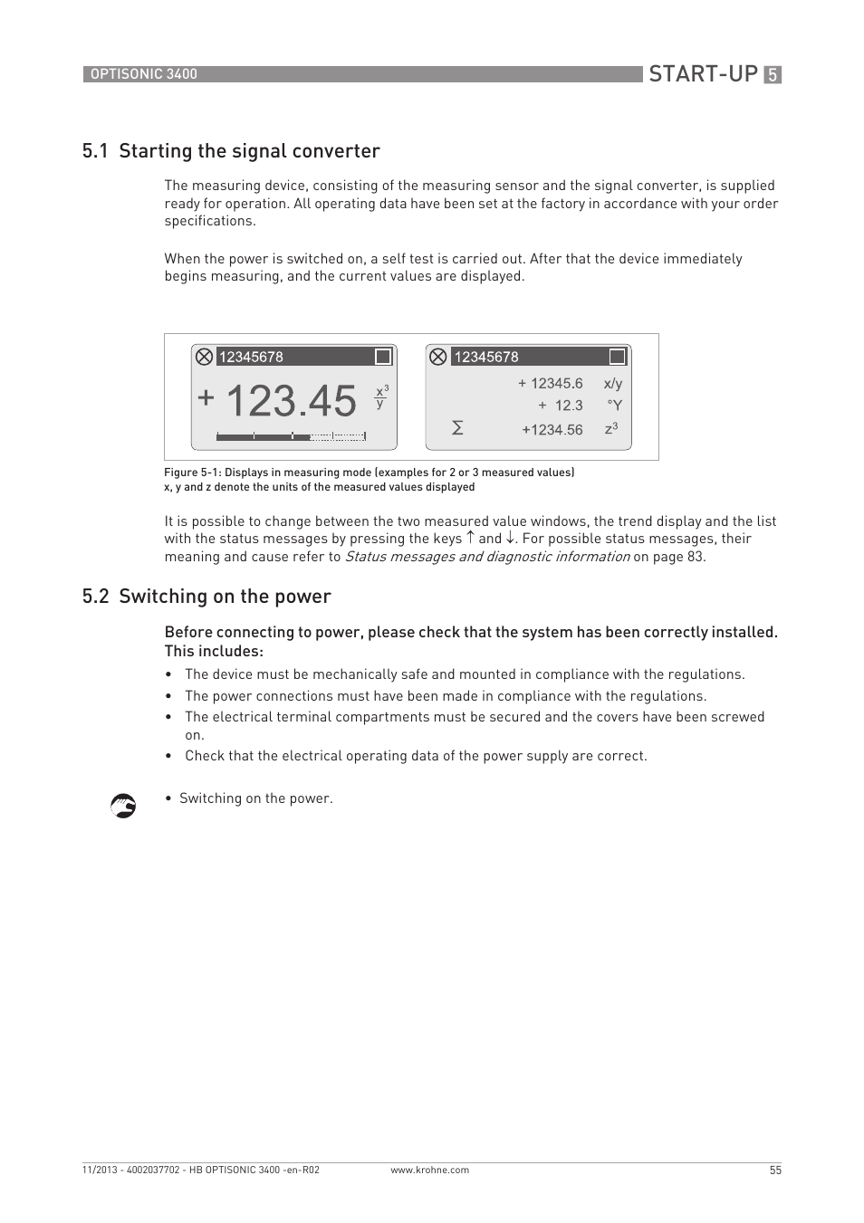 Start-up, 1 starting the signal converter, 2 switching on the power | KROHNE OPTISONIC 3400 EN User Manual | Page 55 / 144
