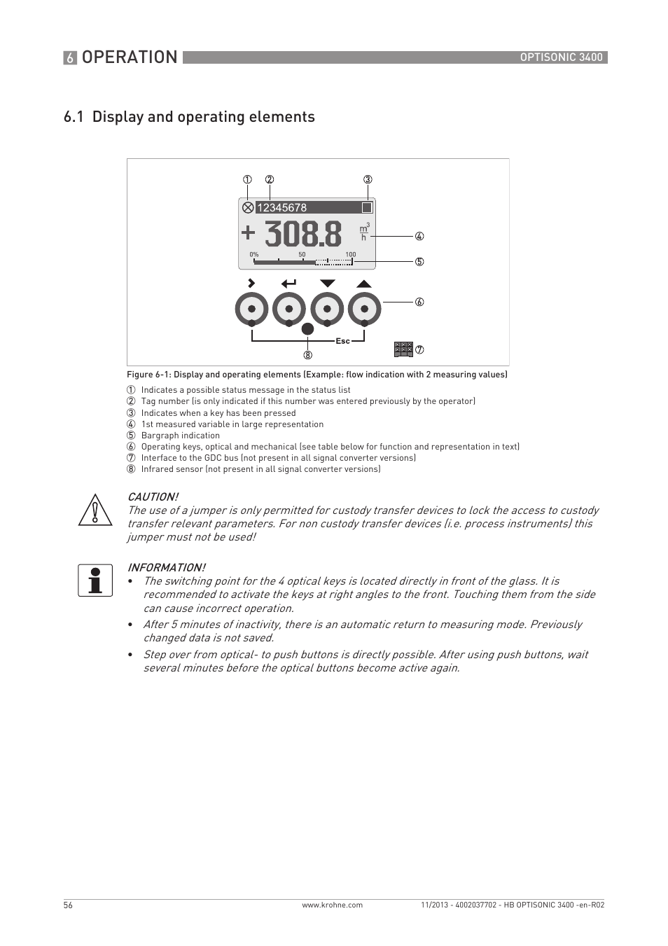 Operation, 1 display and operating elements | KROHNE OPTISONIC 3400 EN User Manual | Page 56 / 144
