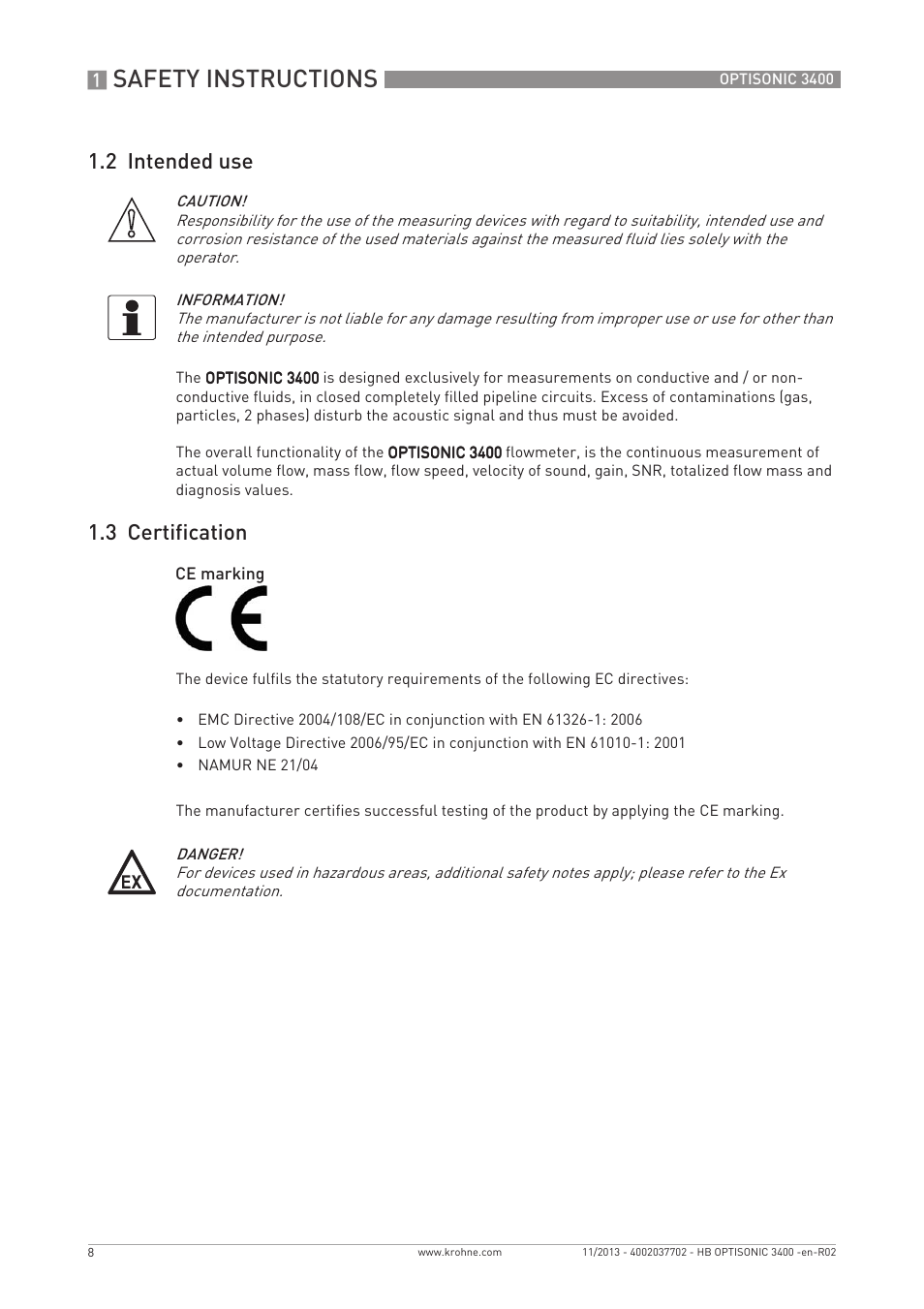 Safety instructions, 2 intended use, 3 certification | KROHNE OPTISONIC 3400 EN User Manual | Page 8 / 144
