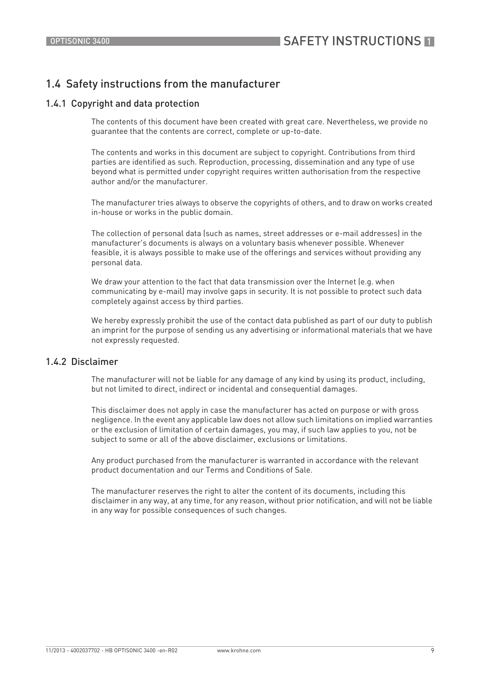 Safety instructions, 4 safety instructions from the manufacturer | KROHNE OPTISONIC 3400 EN User Manual | Page 9 / 144