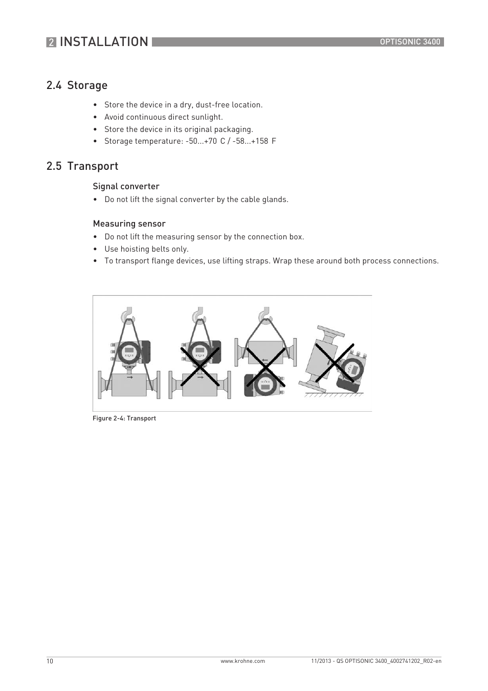 Installation, 4 storage, 5 transport | KROHNE OPTISONIC 3400 Quickstart EN User Manual | Page 10 / 36