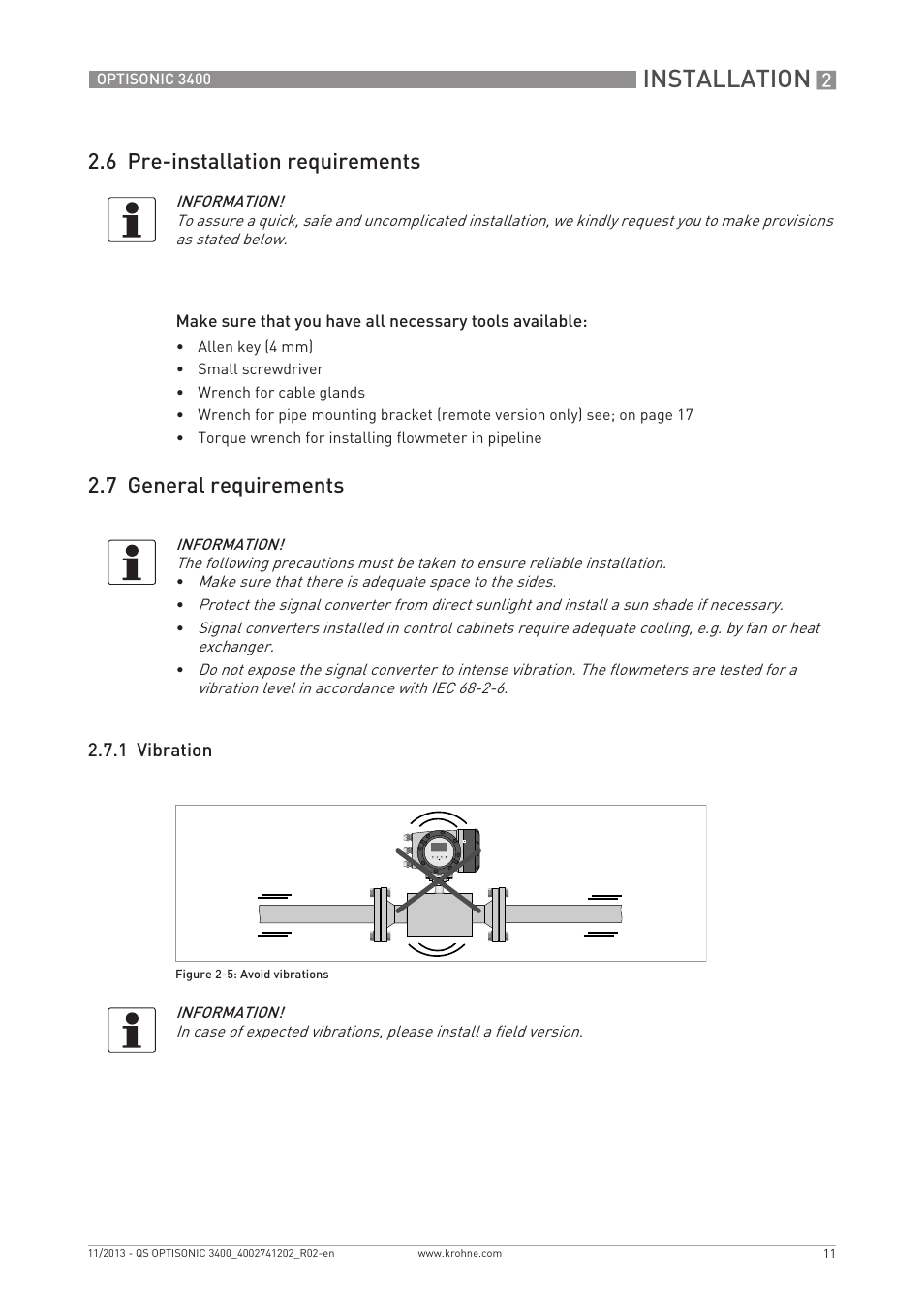 Installation, 6 pre-installation requirements, 7 general requirements | KROHNE OPTISONIC 3400 Quickstart EN User Manual | Page 11 / 36