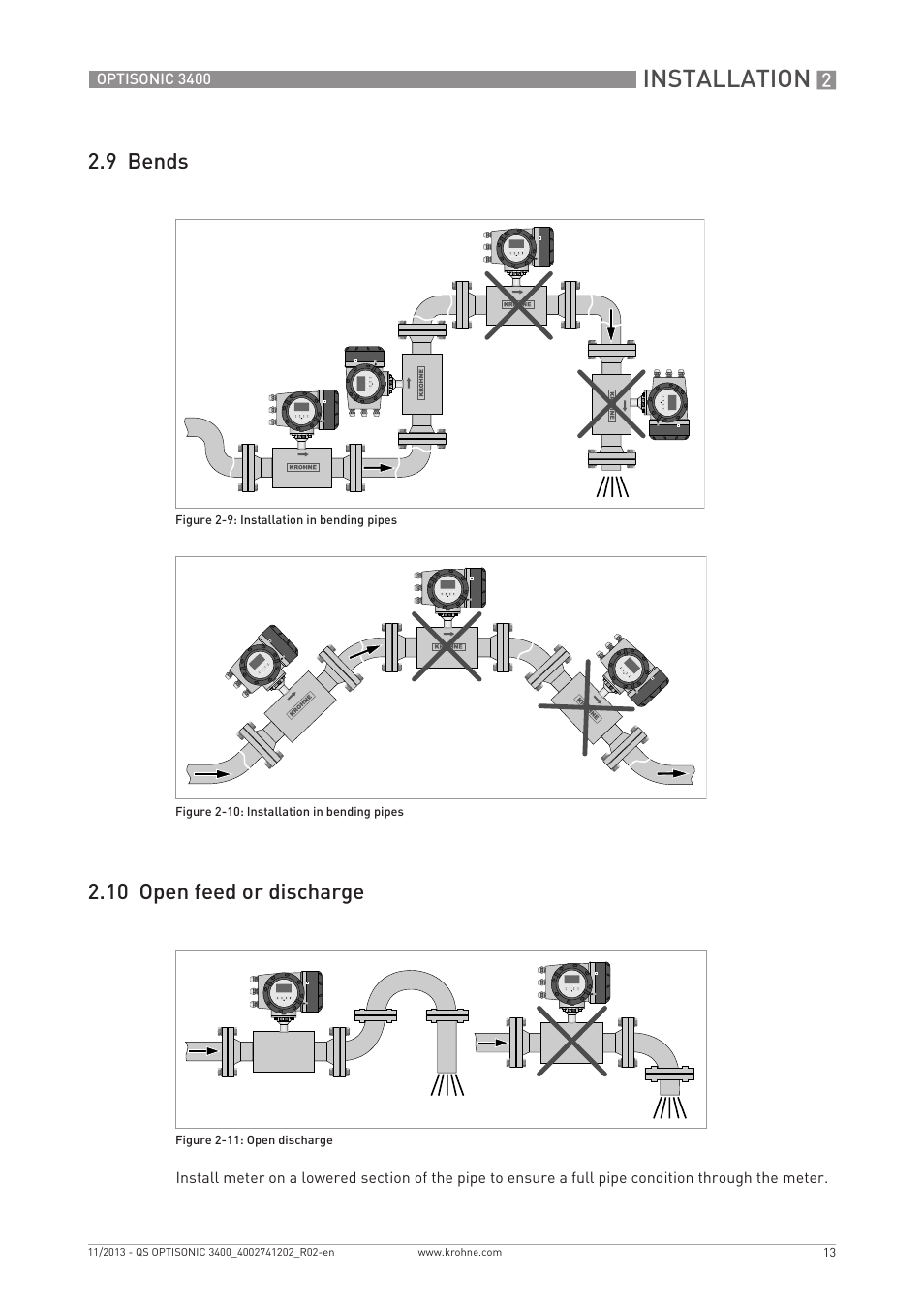 Installation, 9 bends 2.10 open feed or discharge | KROHNE OPTISONIC 3400 Quickstart EN User Manual | Page 13 / 36