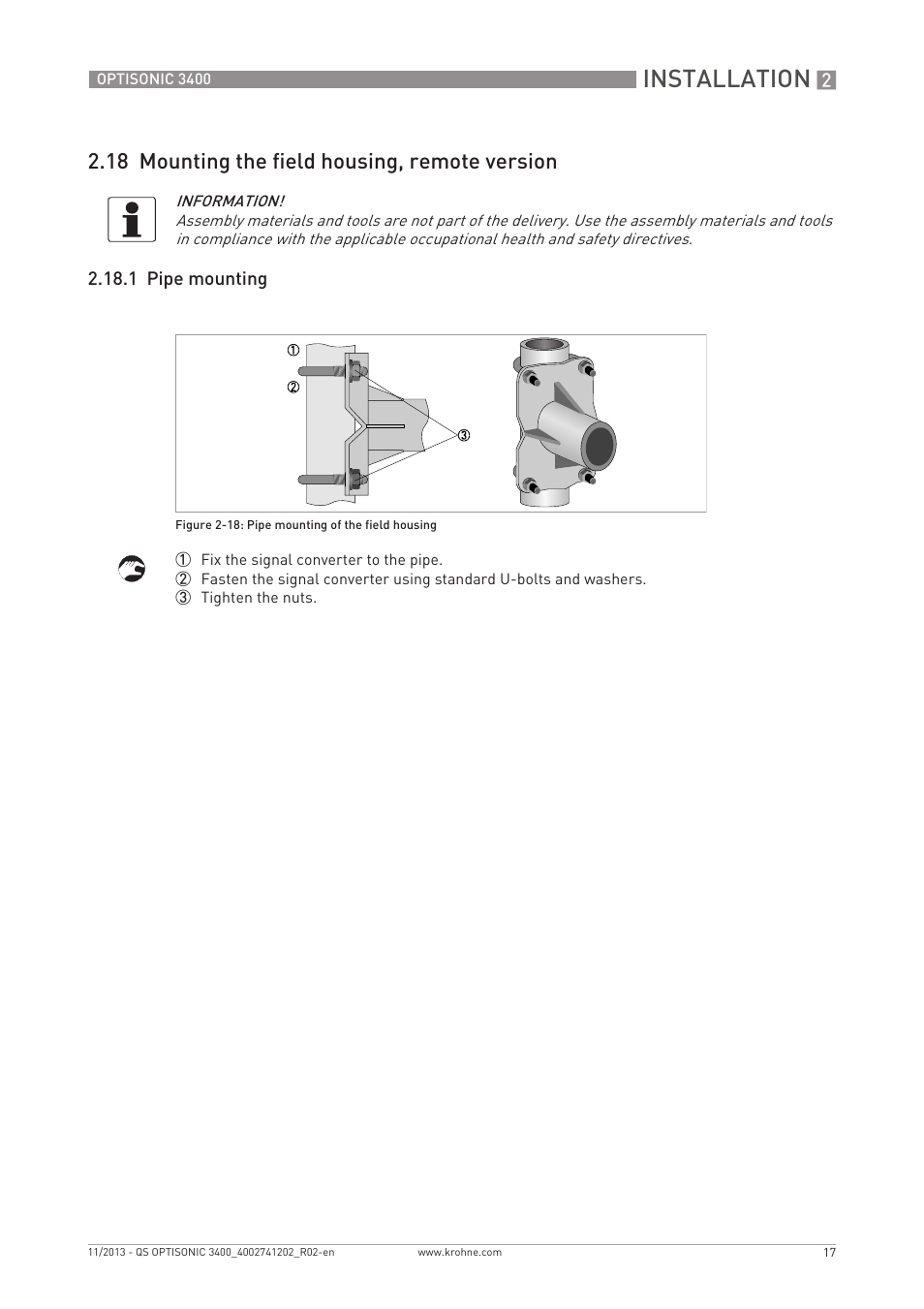 Installation, 18 mounting the field housing, remote version | KROHNE OPTISONIC 3400 Quickstart EN User Manual | Page 17 / 36