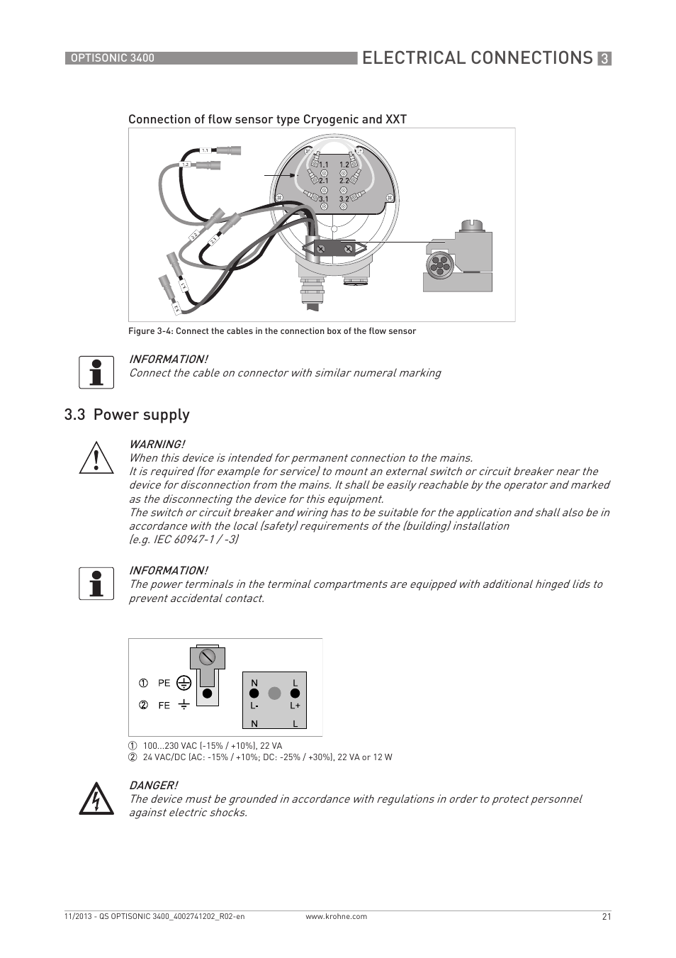 Electrical connections, 3 power supply | KROHNE OPTISONIC 3400 Quickstart EN User Manual | Page 21 / 36