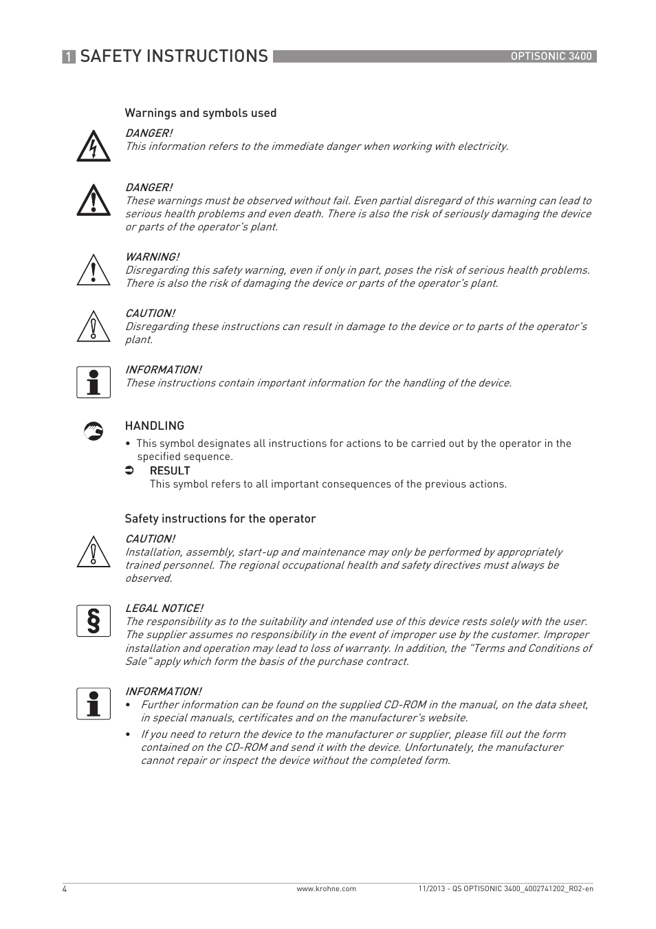 Safety instructions | KROHNE OPTISONIC 3400 Quickstart EN User Manual | Page 4 / 36