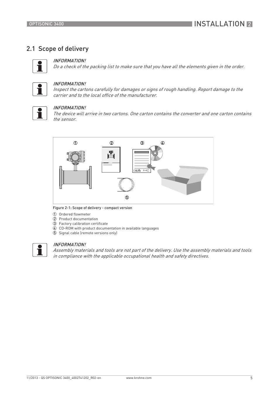 Installation, 1 scope of delivery | KROHNE OPTISONIC 3400 Quickstart EN User Manual | Page 5 / 36