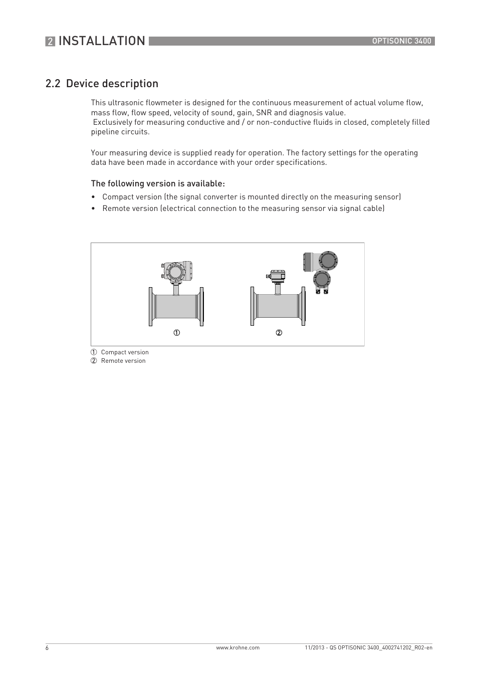 Installation, 2 device description | KROHNE OPTISONIC 3400 Quickstart EN User Manual | Page 6 / 36