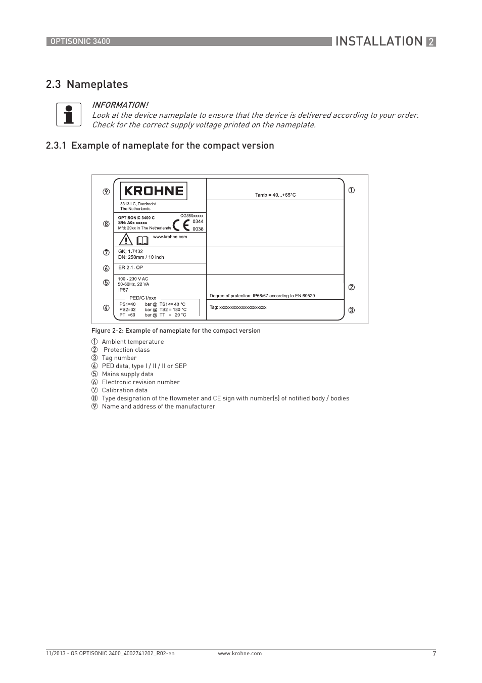 Installation, 3 nameplates | KROHNE OPTISONIC 3400 Quickstart EN User Manual | Page 7 / 36