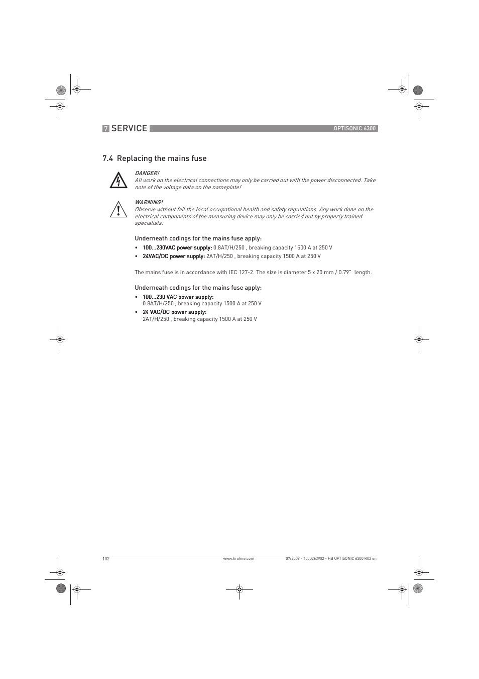 Service, 4 replacing the mains fuse | KROHNE OPTISONIC 6300 EN User Manual | Page 102 / 120