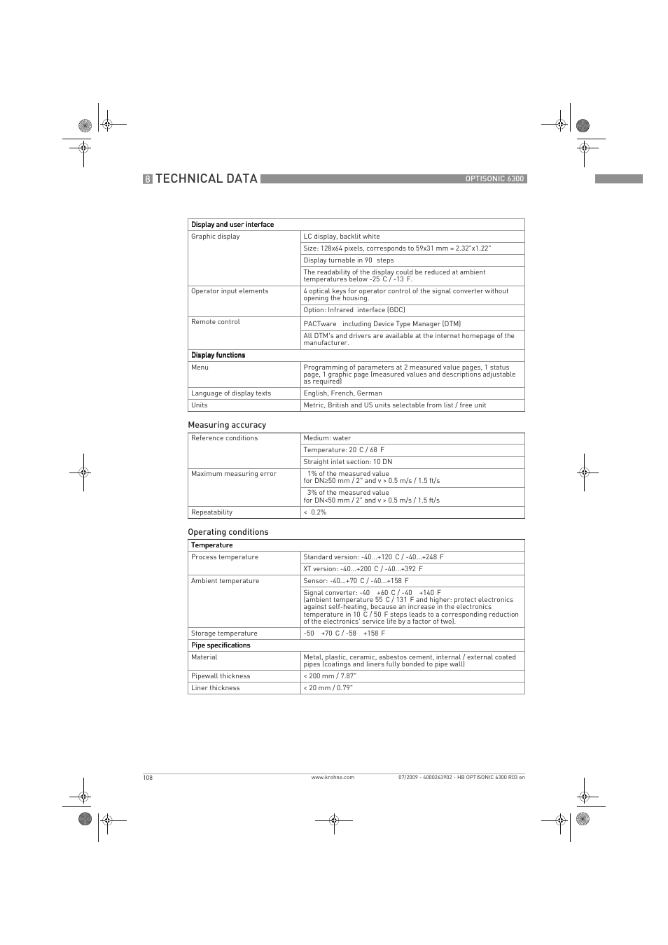 Technical data | KROHNE OPTISONIC 6300 EN User Manual | Page 108 / 120