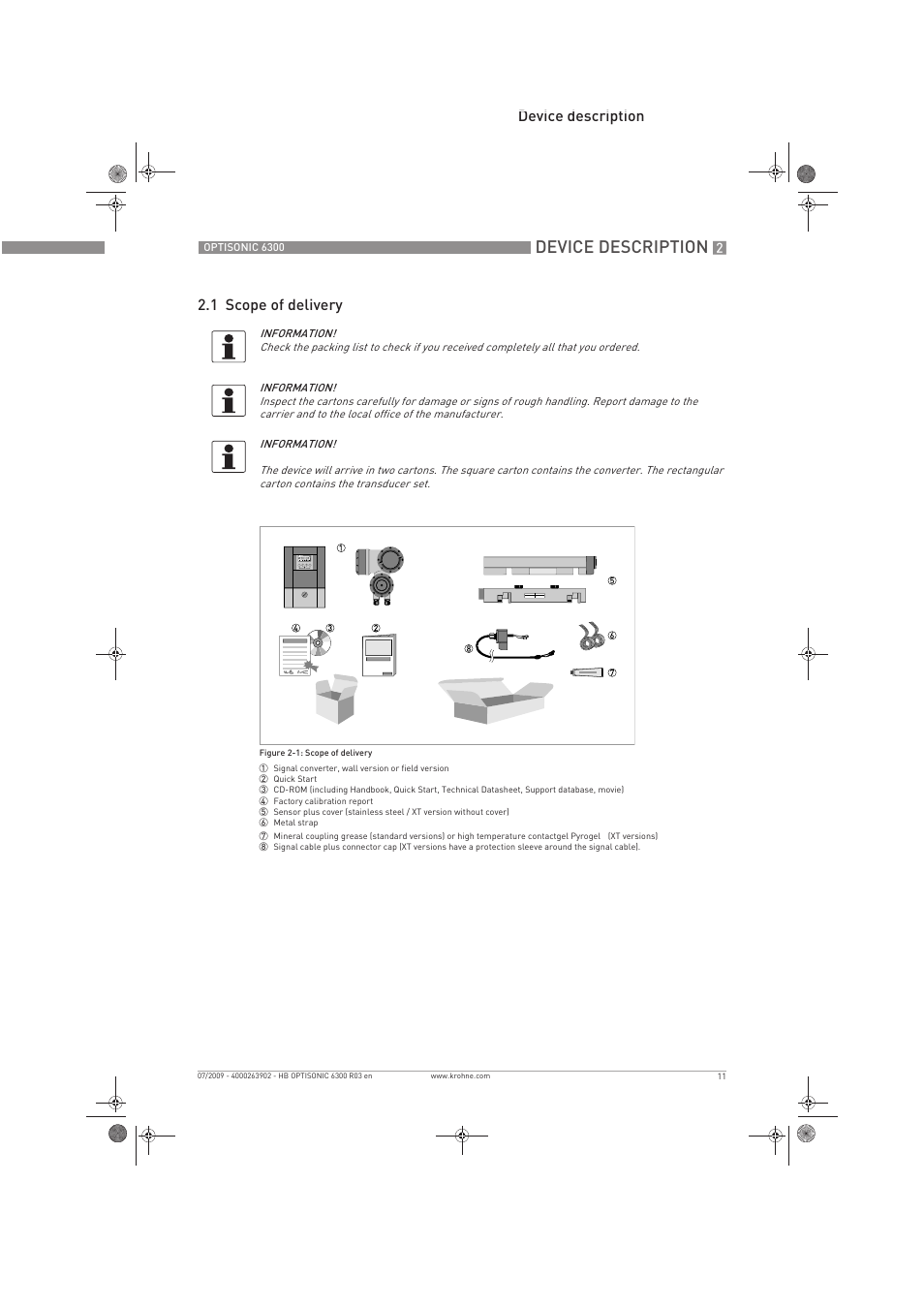 Device description, Device description 2.1 scope of delivery | KROHNE OPTISONIC 6300 EN User Manual | Page 11 / 120