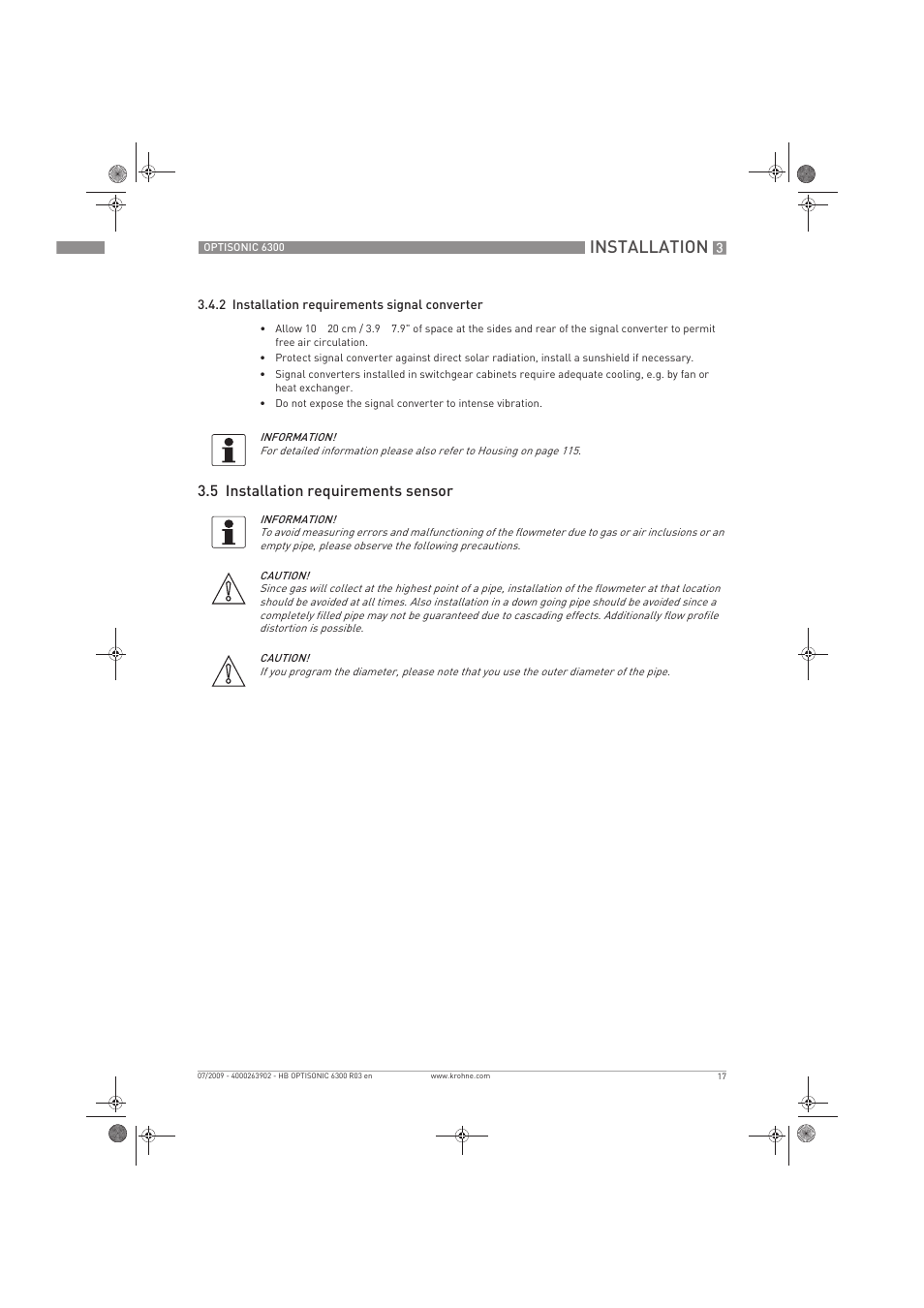 Installation, 5 installation requirements sensor | KROHNE OPTISONIC 6300 EN User Manual | Page 17 / 120