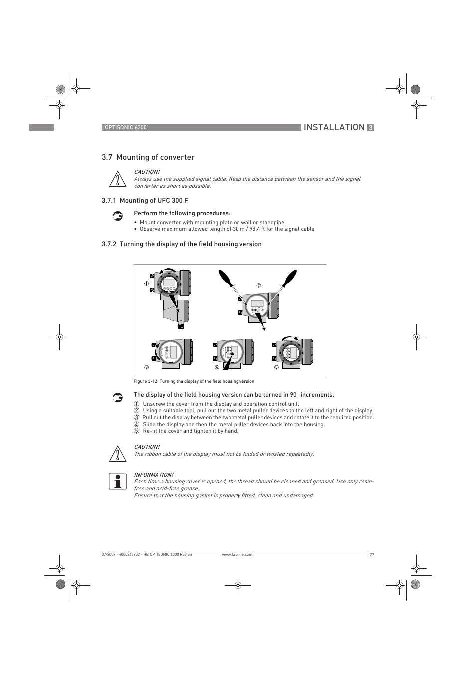 Installation, 7 mounting of converter | KROHNE OPTISONIC 6300 EN User Manual | Page 27 / 120
