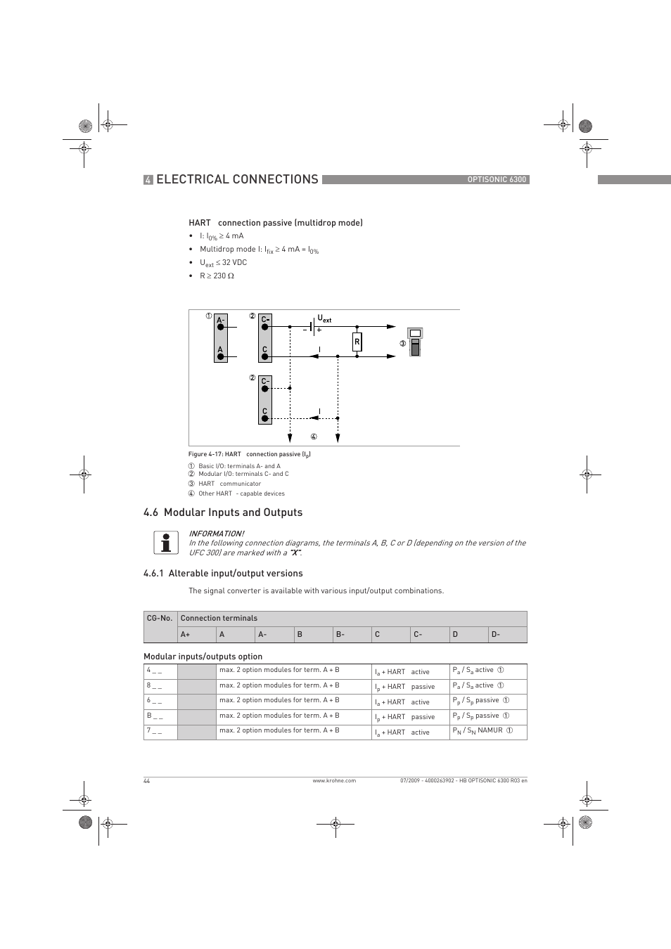 Electrical connections, 6 modular inputs and outputs | KROHNE OPTISONIC 6300 EN User Manual | Page 44 / 120