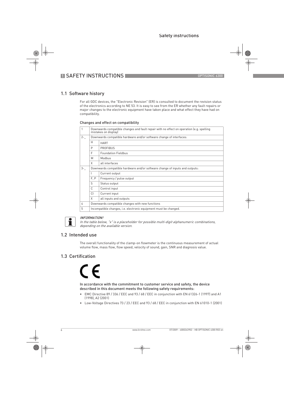 Safety instructions, Safety instructions 1.1 software history, 2 intended use | 3 certification | KROHNE OPTISONIC 6300 EN User Manual | Page 6 / 120