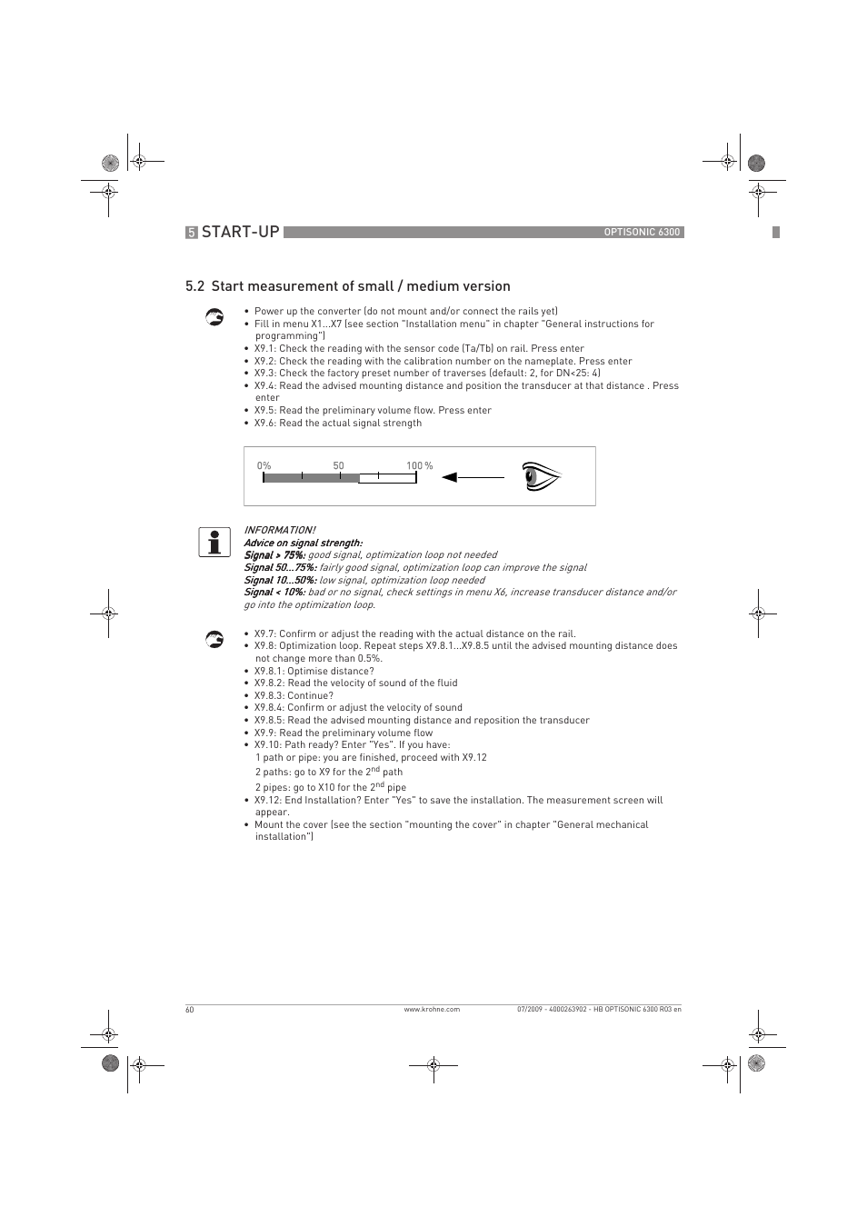 Start-up, 2 start measurement of small / medium version | KROHNE OPTISONIC 6300 EN User Manual | Page 60 / 120