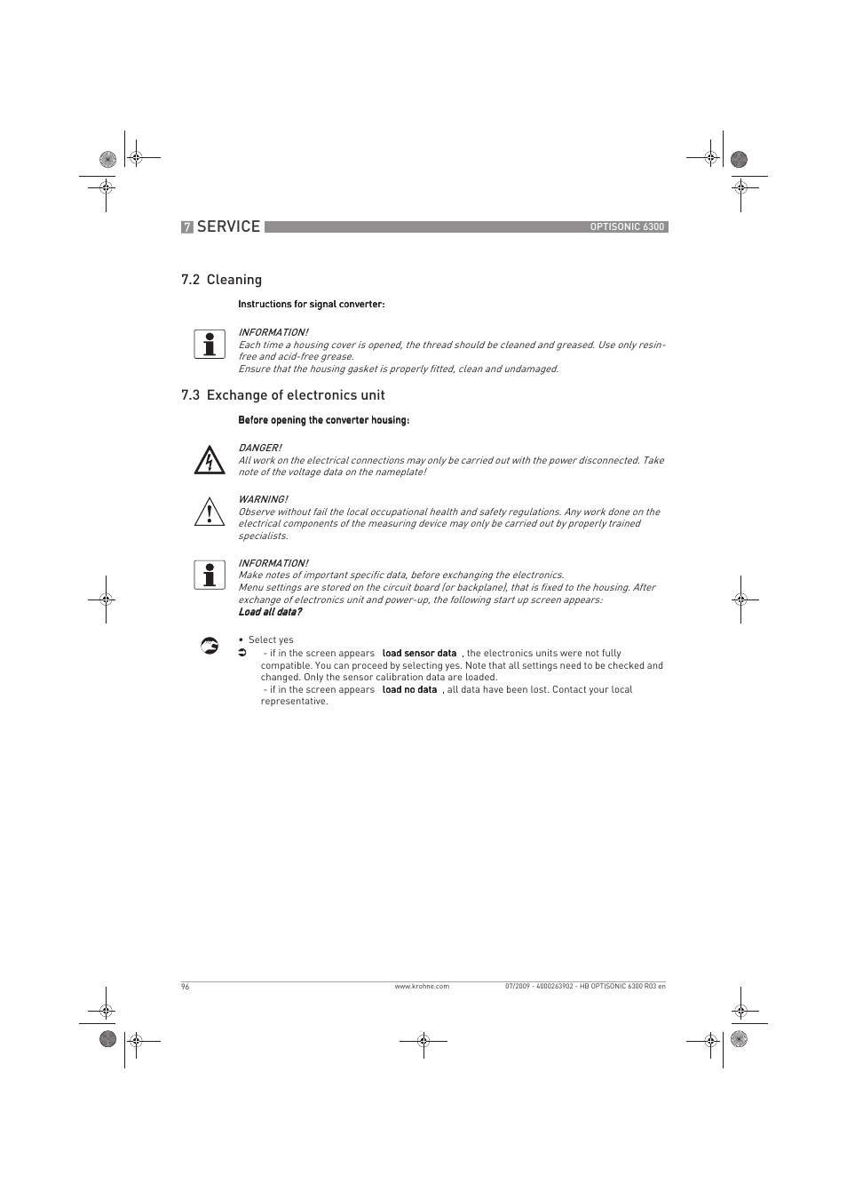 Service, 2 cleaning, 3 exchange of electronics unit | KROHNE OPTISONIC 6300 EN User Manual | Page 96 / 120