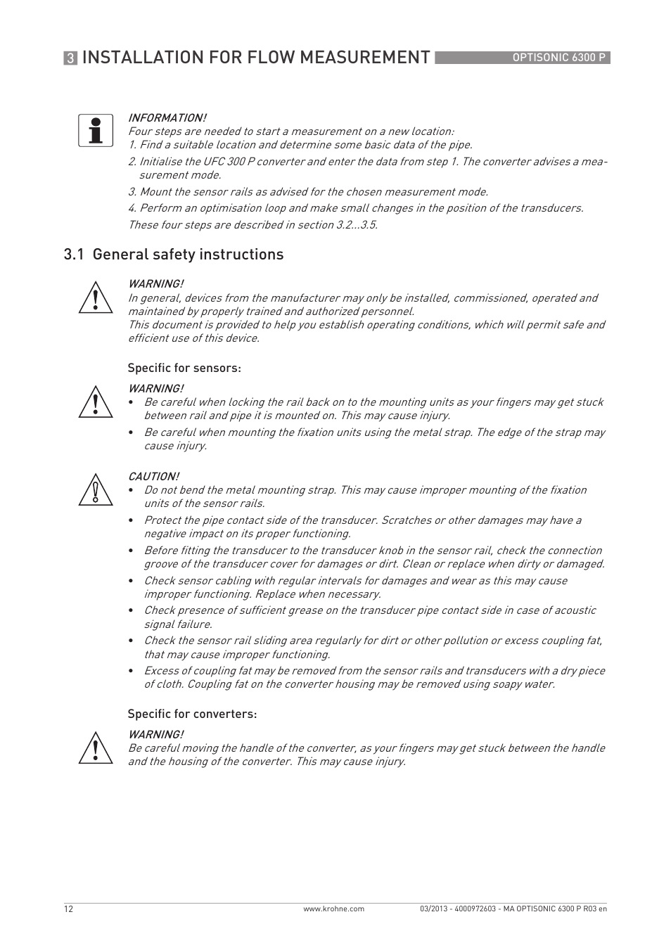 Installation for flow measurement, 1 general safety instructions | KROHNE OPTISONIC 6300 P-6400 EN User Manual | Page 12 / 88