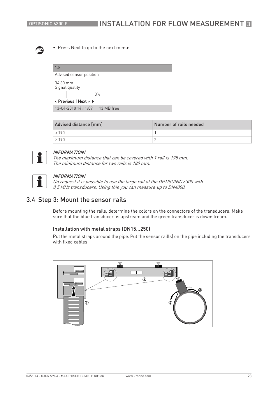 Installation for flow measurement, 4 step 3: mount the sensor rails | KROHNE OPTISONIC 6300 P-6400 EN User Manual | Page 23 / 88