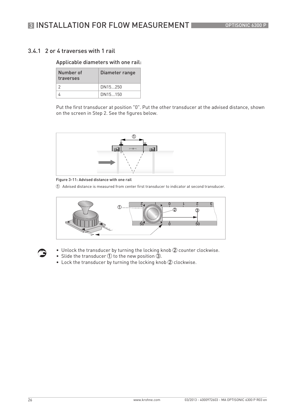 Installation for flow measurement, 1 2 or 4 traverses with 1 rail | KROHNE OPTISONIC 6300 P-6400 EN User Manual | Page 26 / 88